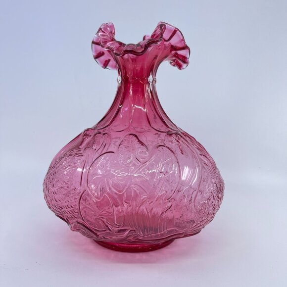 vintage fenton cranberry swans and cattails hand blown vase ruffle top - Picture 4 of 9